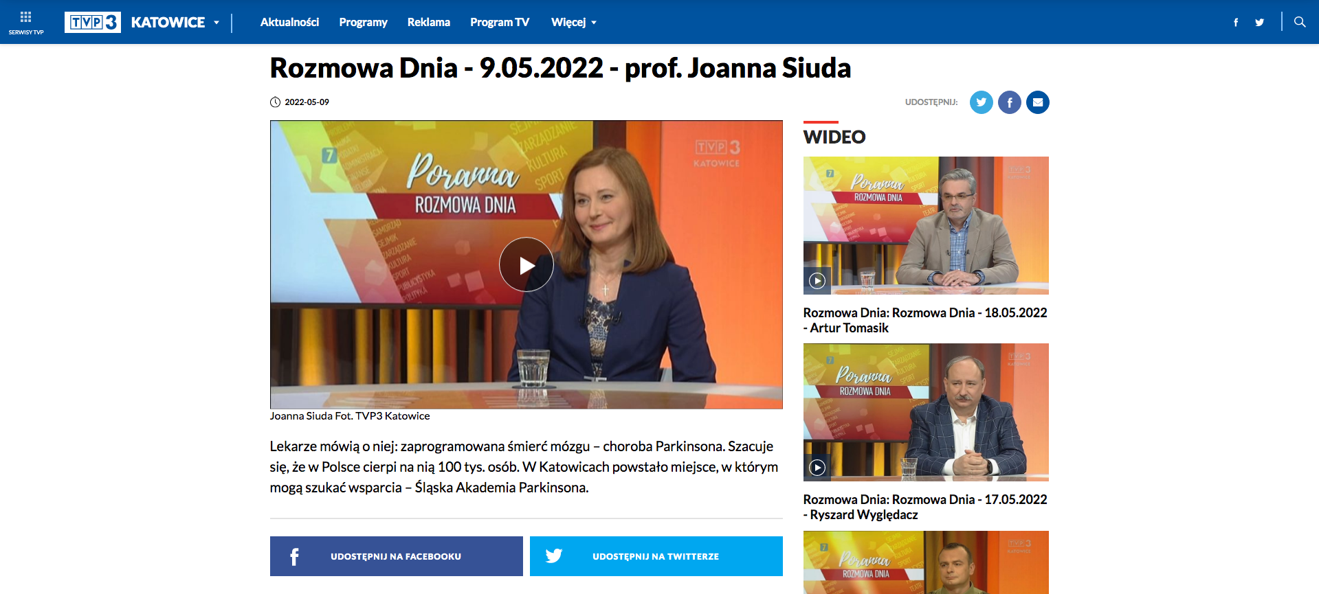 TVP3 Katowice - Rozmowa Dnia - 9.05.2022 - prof. Joanna Siuda