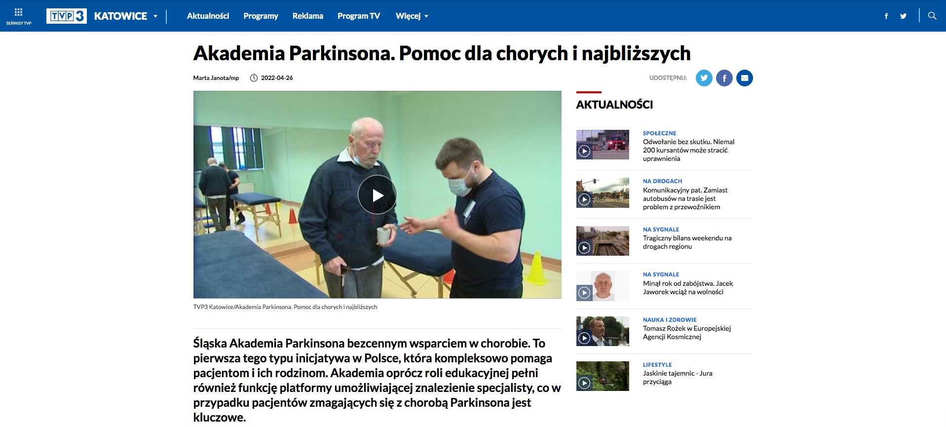 TVP 3 KATOWICE - "Akademia Parkinsona. Pomoc dla chorych i najbliższych"