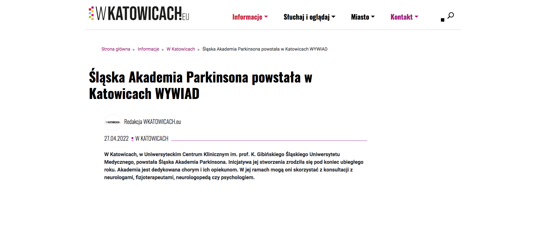 wKatowicach.eu - "Śląska Akademia Parkinsona powstała w Katowicach WYWIAD"